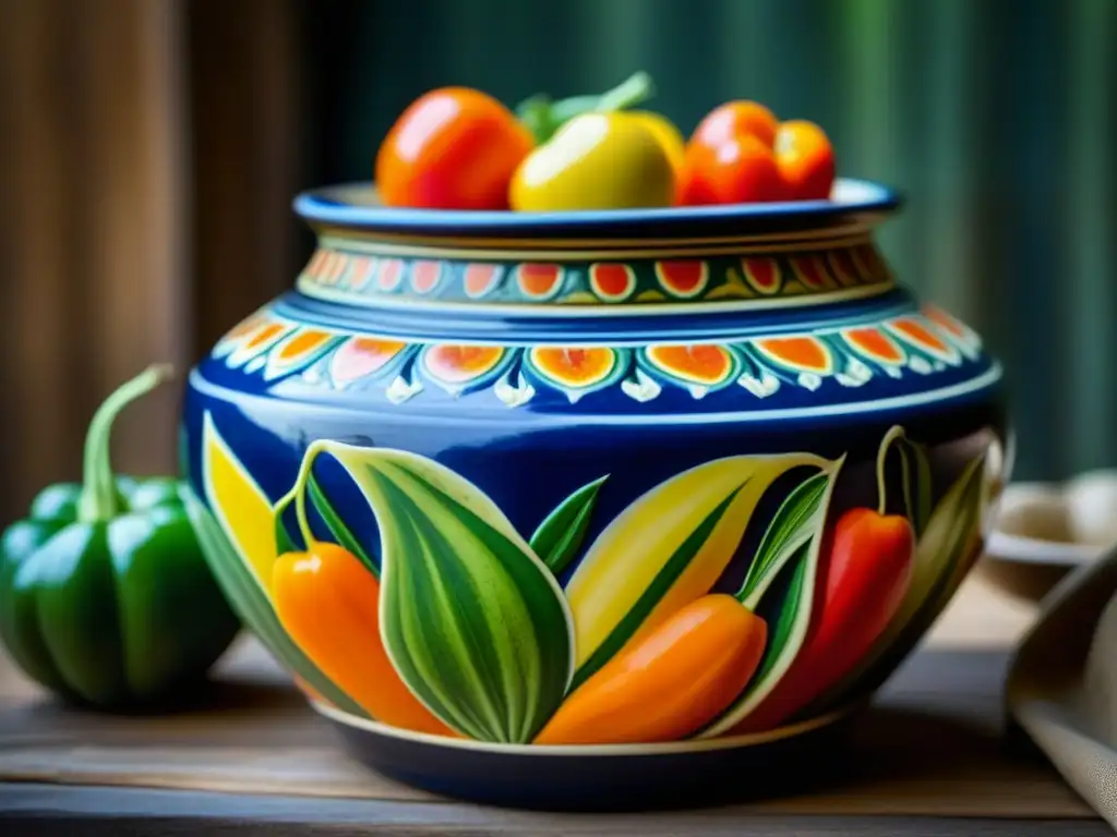 Una olla de cerámica antigua llena de frutas y vegetales frescos, resaltando la conservación de alimentos con cerámica