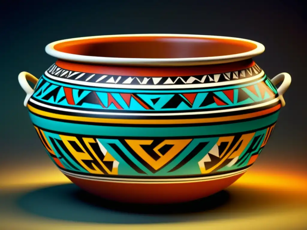 Una olla de cerámica azteca detalladamente diseñada, reflejando la fusión de arte y funcionalidad en las herramientas culinarias aztecas cerámica