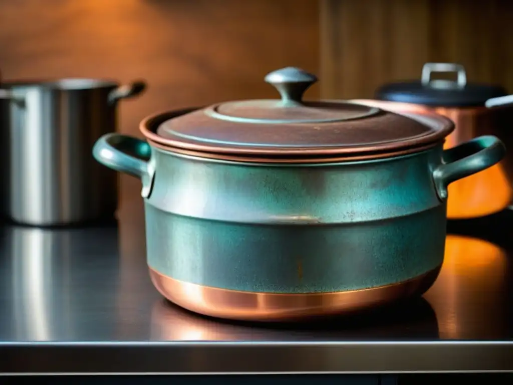 Una olla de cobre antigua en una cocina moderna, fusionando antigüedades en la cocina contemporánea