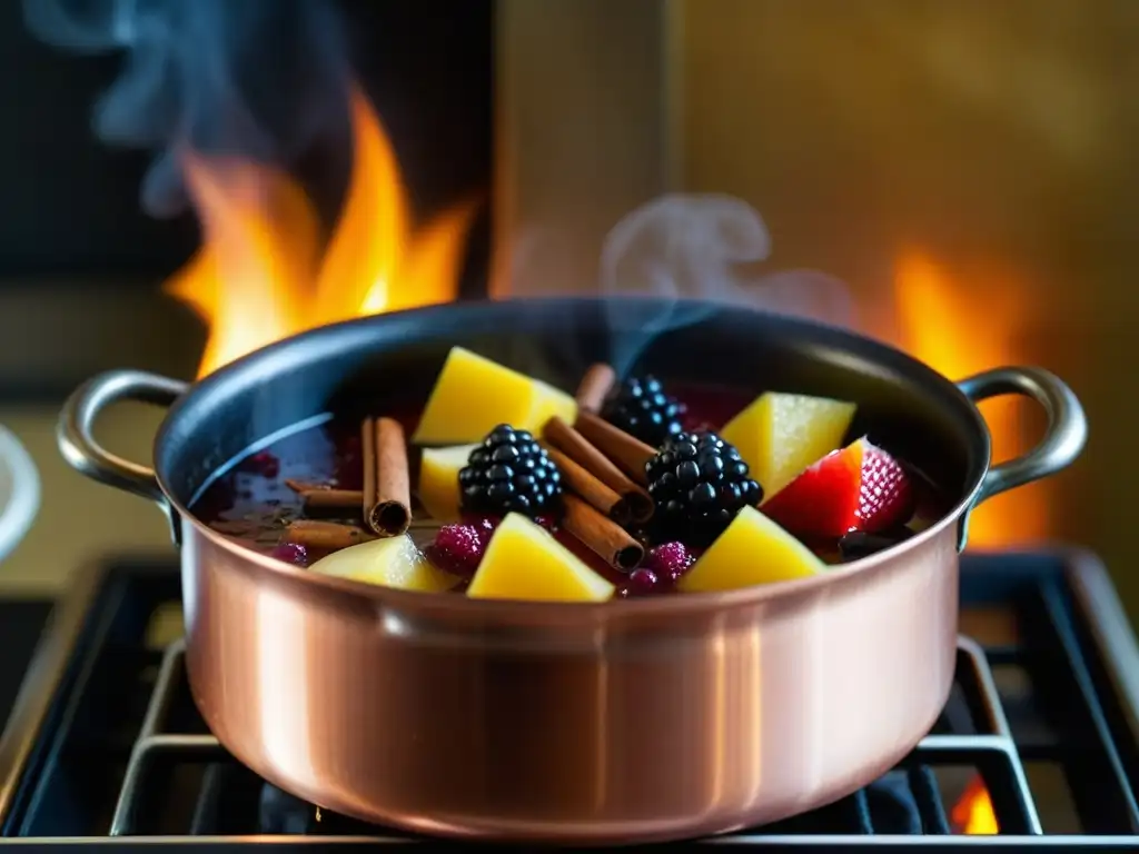 Una olla de cobre antigua hierviendo frutas, azúcar y especias, envolviendo la cocina en vapor fragante