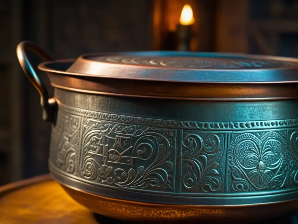 Una olla de cobre antigua con grabados históricos y desgaste, destacando la distinción de utensilios cocina históricos