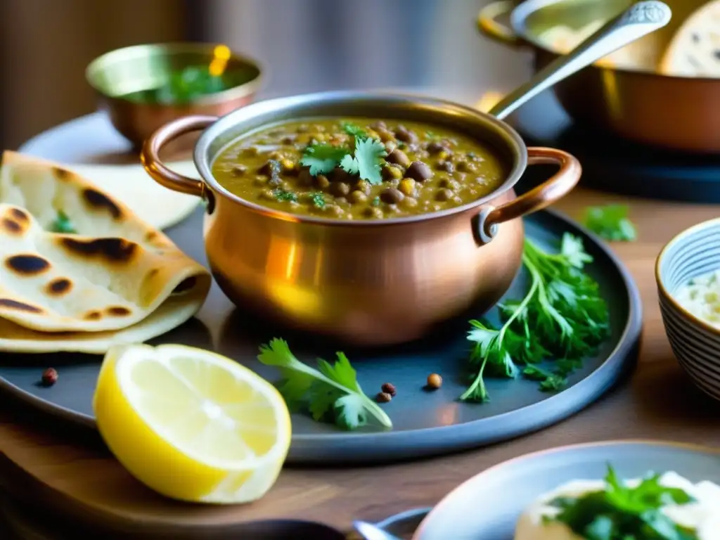 Una olla de cobre con dal makhani, naan y chutney de cilantro en una cocina punjabi