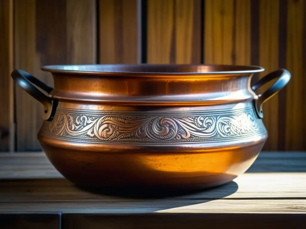 Una olla de cobre envejecida con grabados detallados, sobre una mesa de cocina rústica