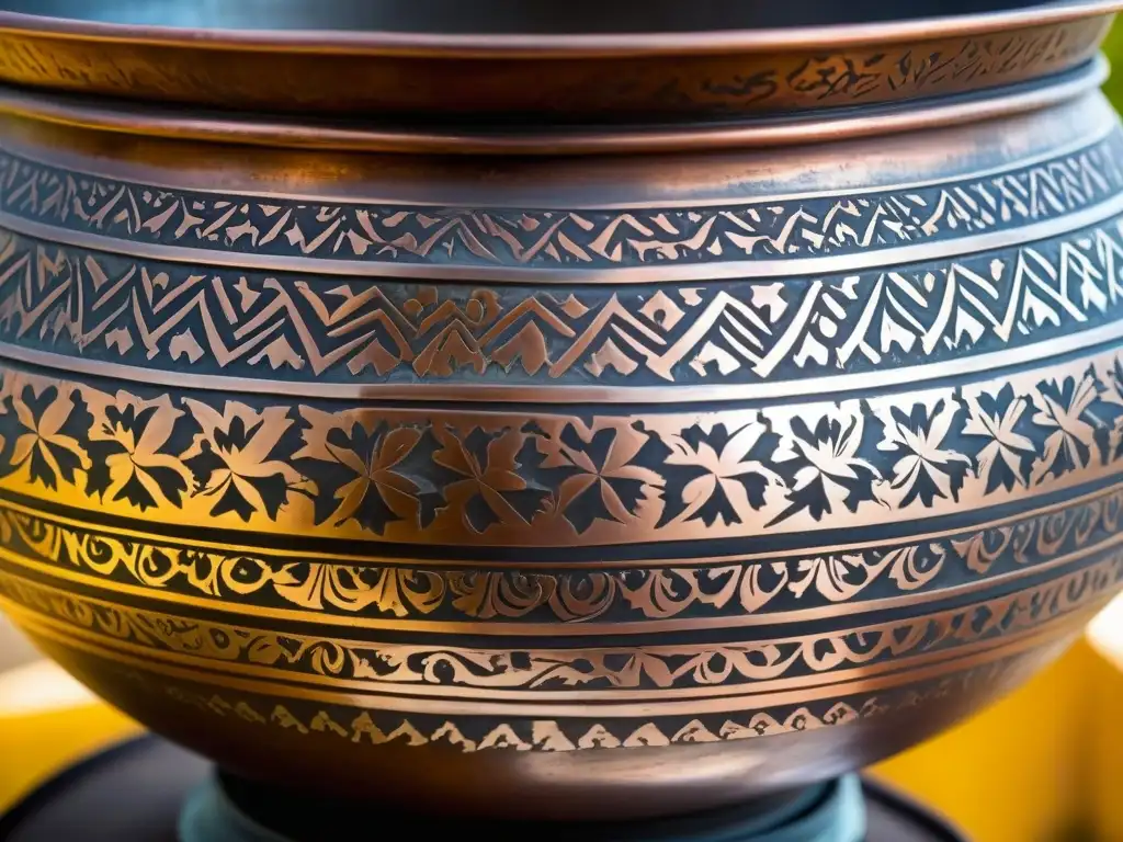 Una olla de cobre Mughalera antigua con intrincados grabados florales y diseños, muestra la pátina de la edad