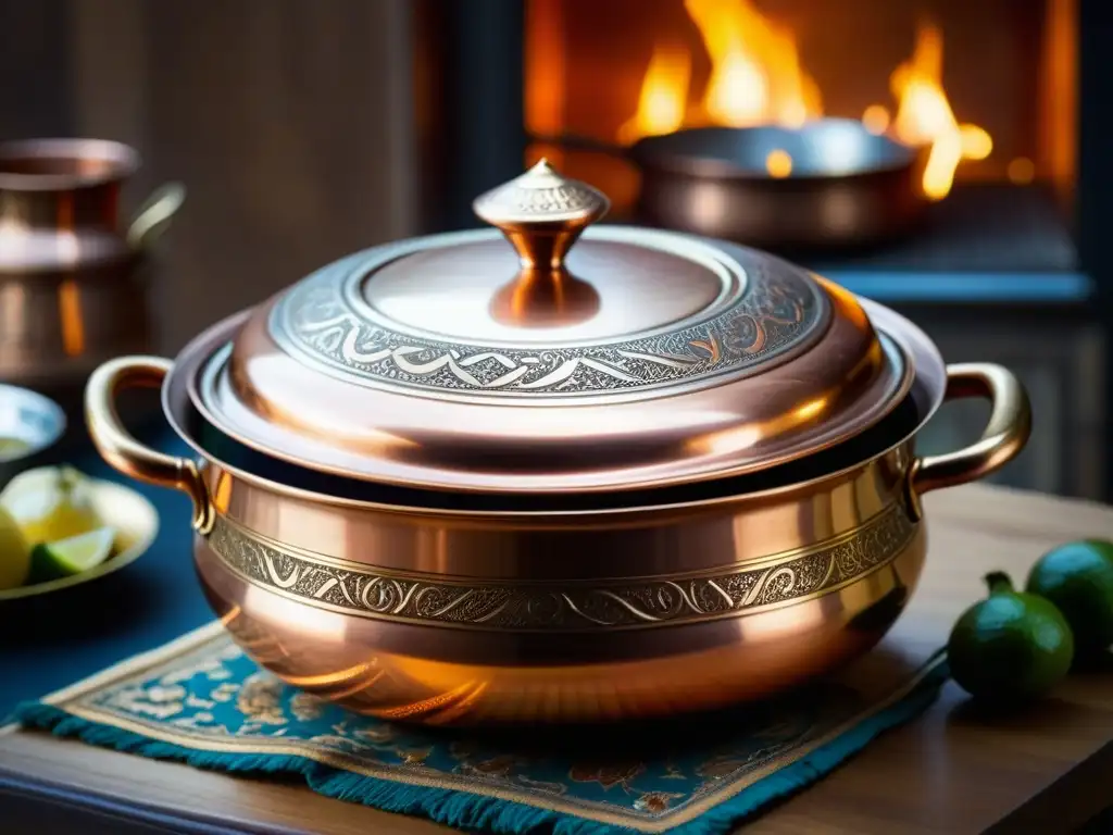 Una olla de cobre otomana adornada con grabados, cocinando un plato turco tradicional