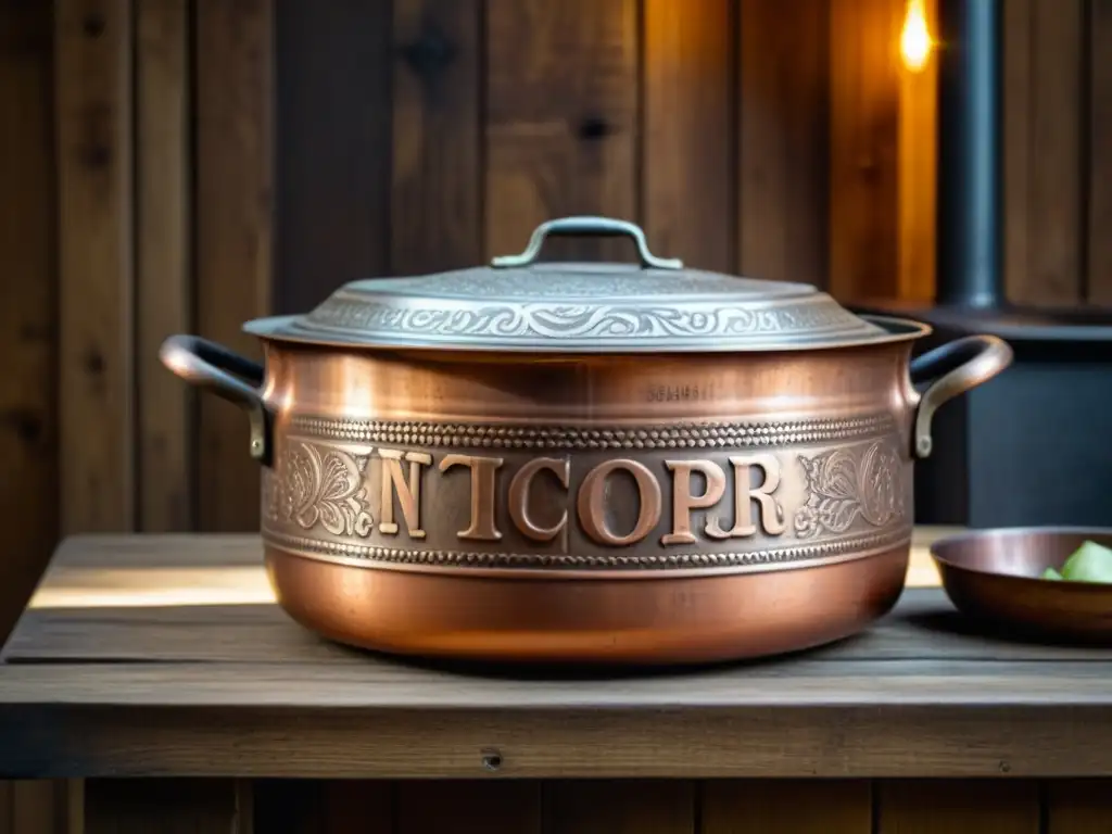 Una olla de cobre vintage con grabados detallados, desgaste y patina cálida