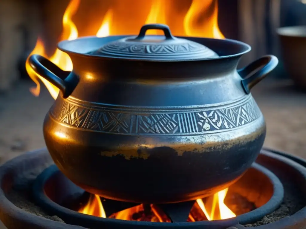 Una olla de cocina africana tradicional muestra la resistencia colonial a través de su desgaste por el uso, sobre una llama