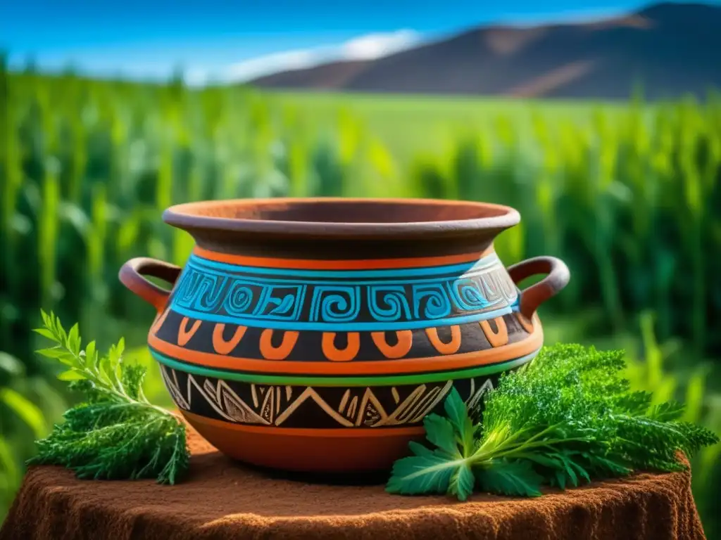 Una olla de cocina inca detallada con diseños naturales, en un campo de quinua verde bajo un cielo azul