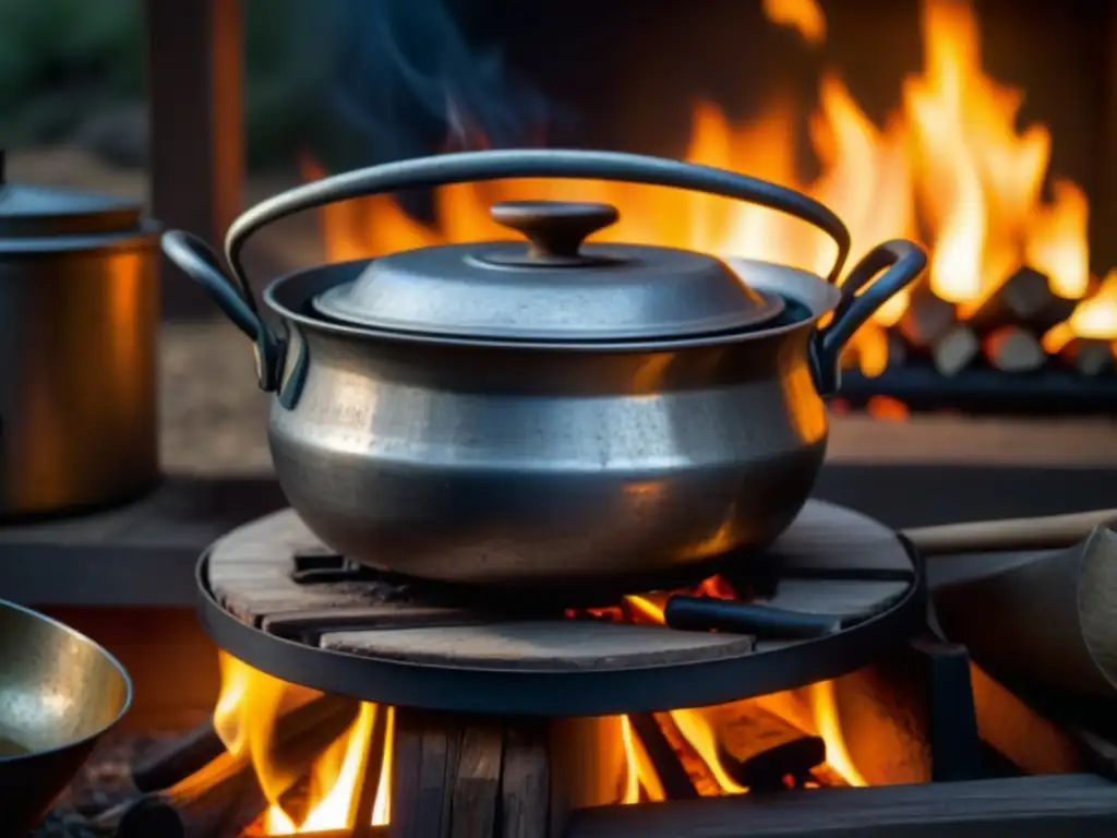 Una olla desgastada sobre el fuego con utensilios antiguos y un mapa de Argentina, reflejando estrategias alimentarias en guerras de independencia