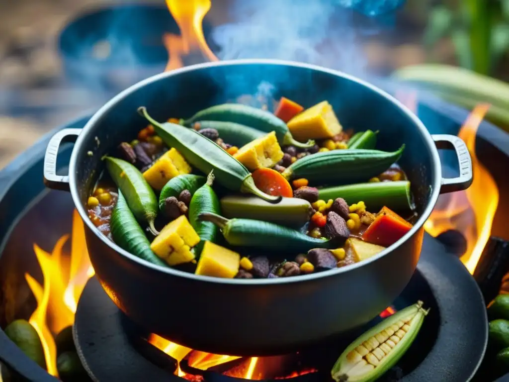 Una olla enorme sobre fuego abierto, hirviendo un guiso africano-caribeño con plátanos, okra y especias