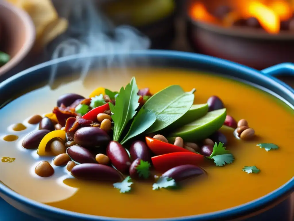 Una olla de Frijoles Charros burbujeantes, con texturas y colores vibrantes