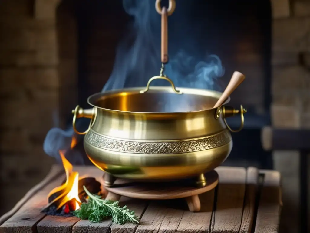 Una olla de latón medieval sobre el fuego, con ingredientes y vapor aromático, evocando la fusión de tradición y tecnología en la cocina medieval