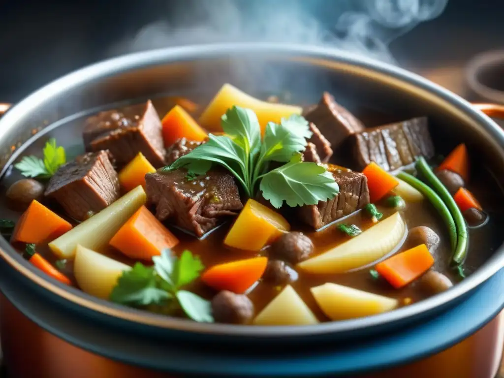 Una olla de guiso de carne casero al fuego, evocando recetas históricas de cocina siglo XVIII