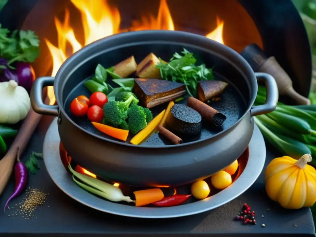 Una olla de hierro ancestral hierve en el fuego con ingredientes coloridos, evocando recetas históricas y culturales