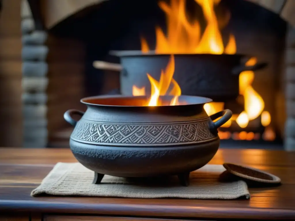 Una olla de hierro antigua en una cocina rústica, simbolizando la importancia cultural del arte culinario en hierro