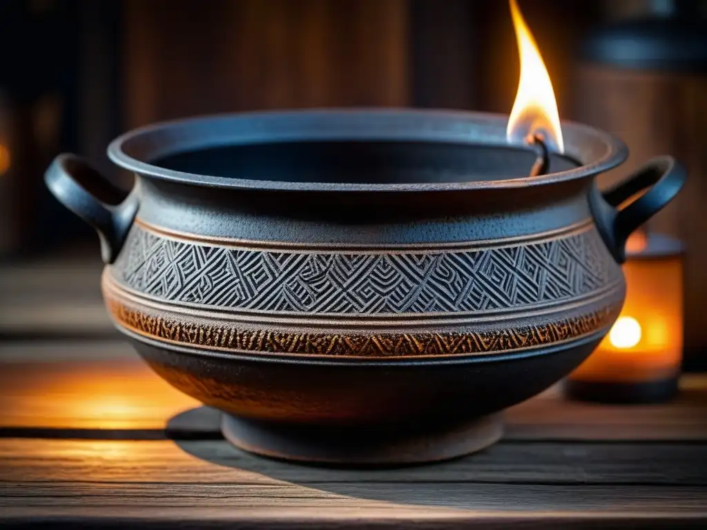 Una olla de hierro antigua, desgastada por el tiempo, iluminada por velas, evocando historia y cultura en cada detalle