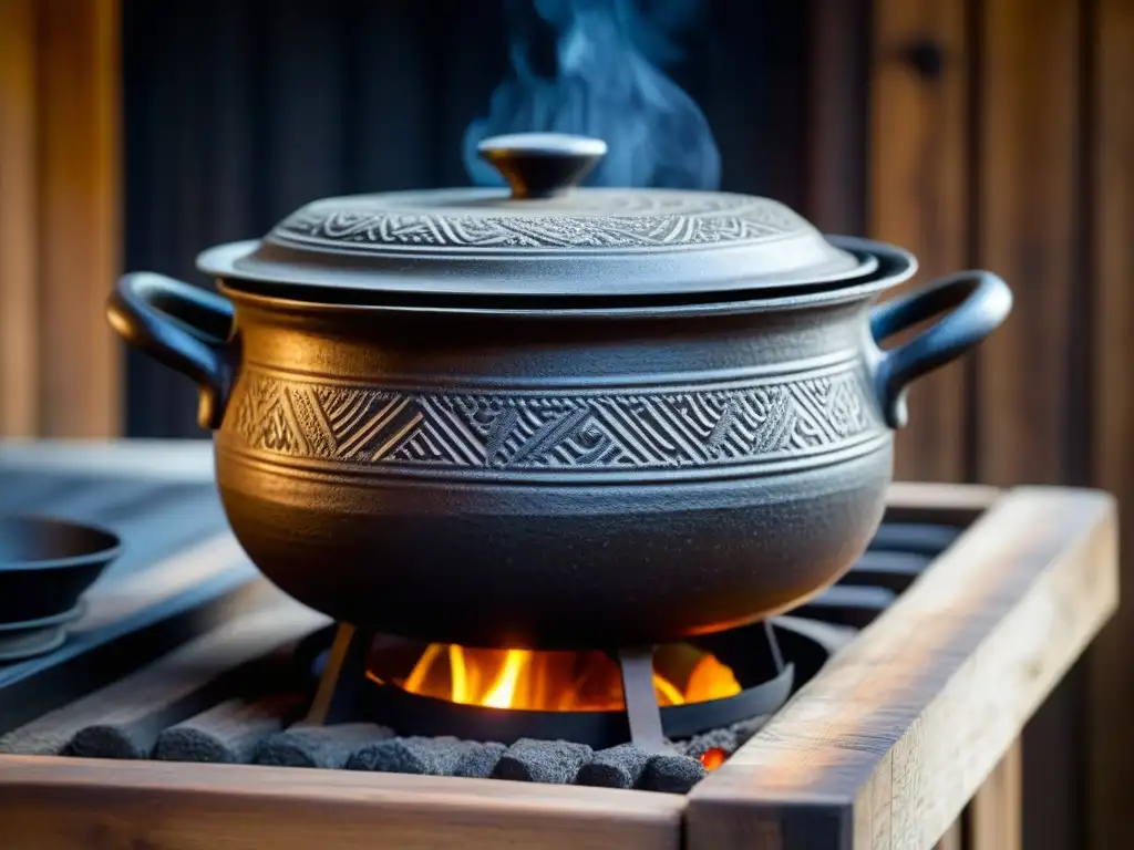 Una olla de hierro antigua y detallada sobre una estufa de madera rústica, cocinando un guiso tradicional