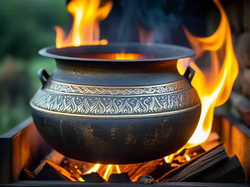 Una olla de hierro antigua sobre fuego, revelando recetas históricas