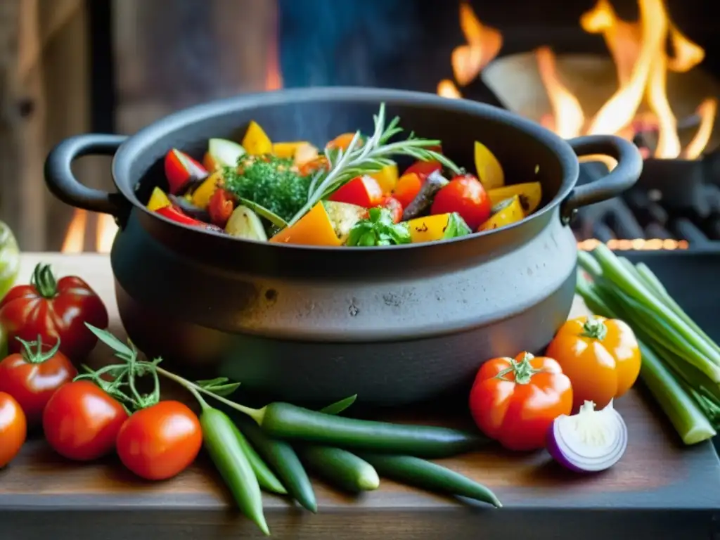 Una olla de hierro antigua sobre fuego, rodeada de verduras frescas y hierbas aromáticas