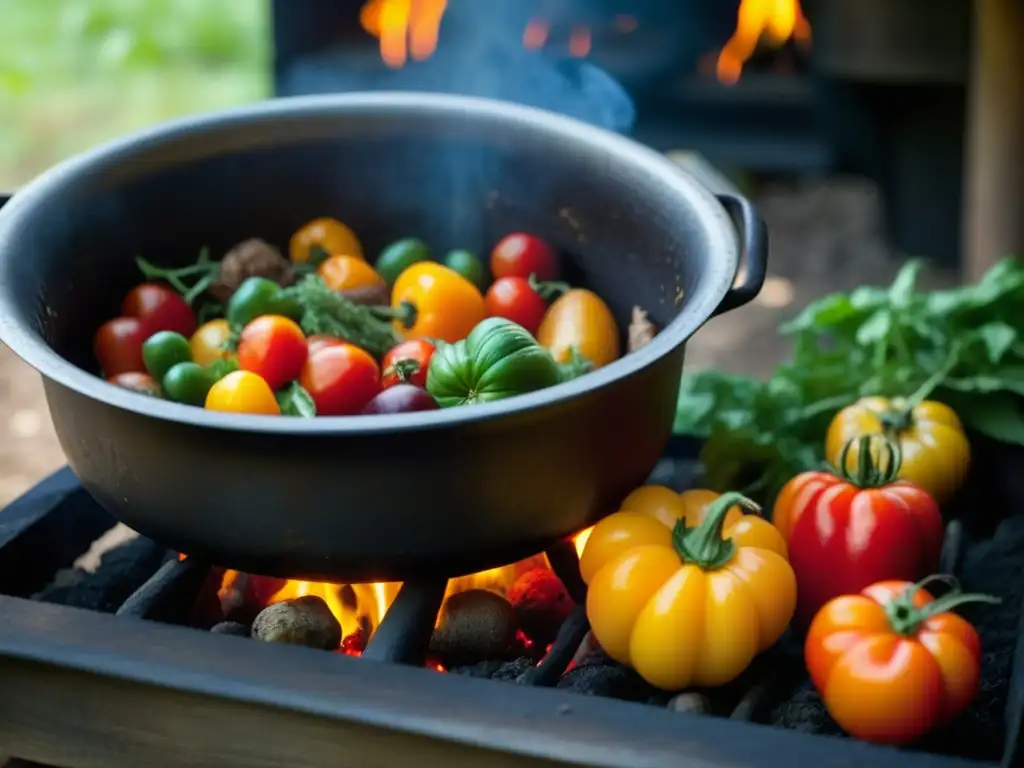 Una olla de hierro antigua con ingredientes coloridos cocinando sobre fuego, evocando recetas históricas culturales