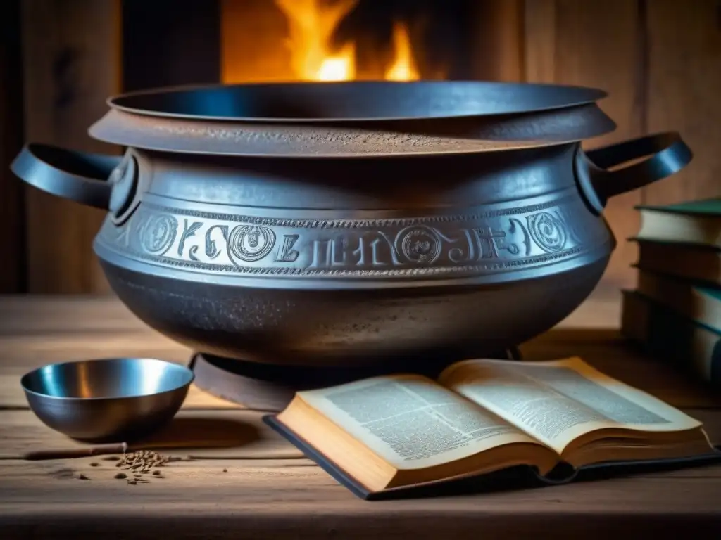 Una olla de hierro antigua en una mesa de madera rústica, rodeada de páginas de literatura antigua