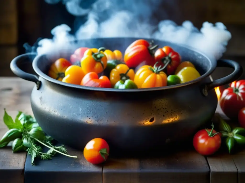 Una olla de hierro antigua con una rica receta histórica cultural, rodeada de ingredientes frescos y coloridos