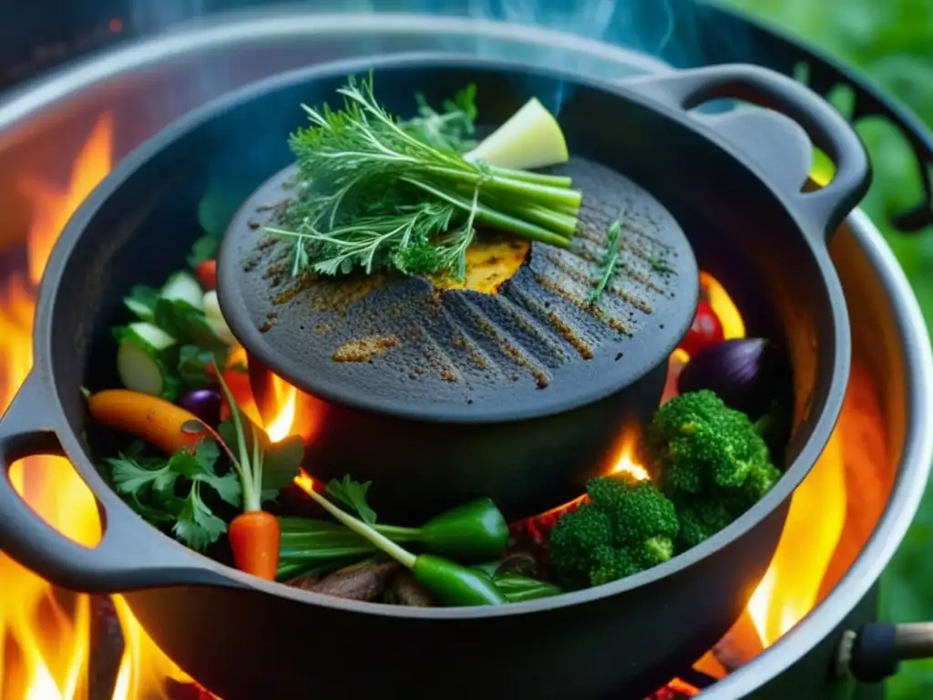 Una olla de hierro antigua y bien sazonada hierve un guiso rico y colorido sobre fuego abierto, mostrando la importancia cultural de la olla de hierro