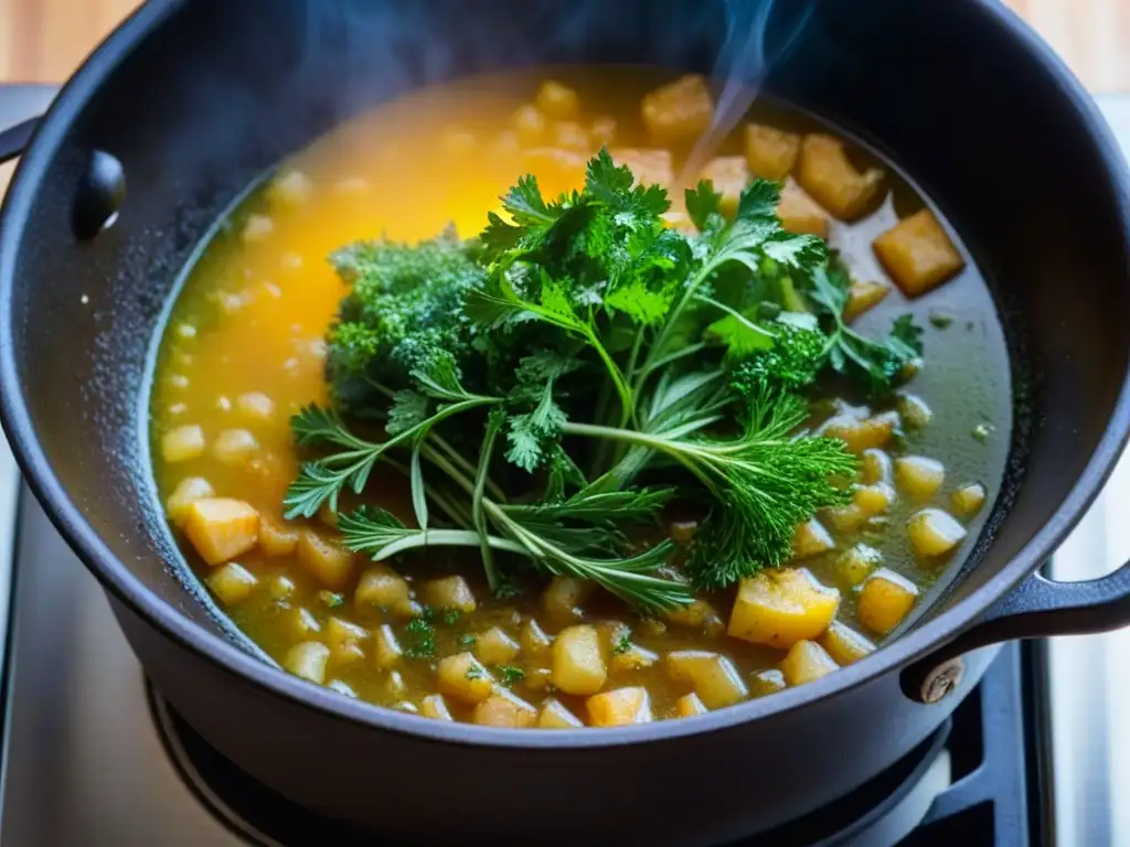 Una olla de hierro antigua y bien sazonada hierve en la estufa, emanando aromas de recetas históricas y culturas épocas