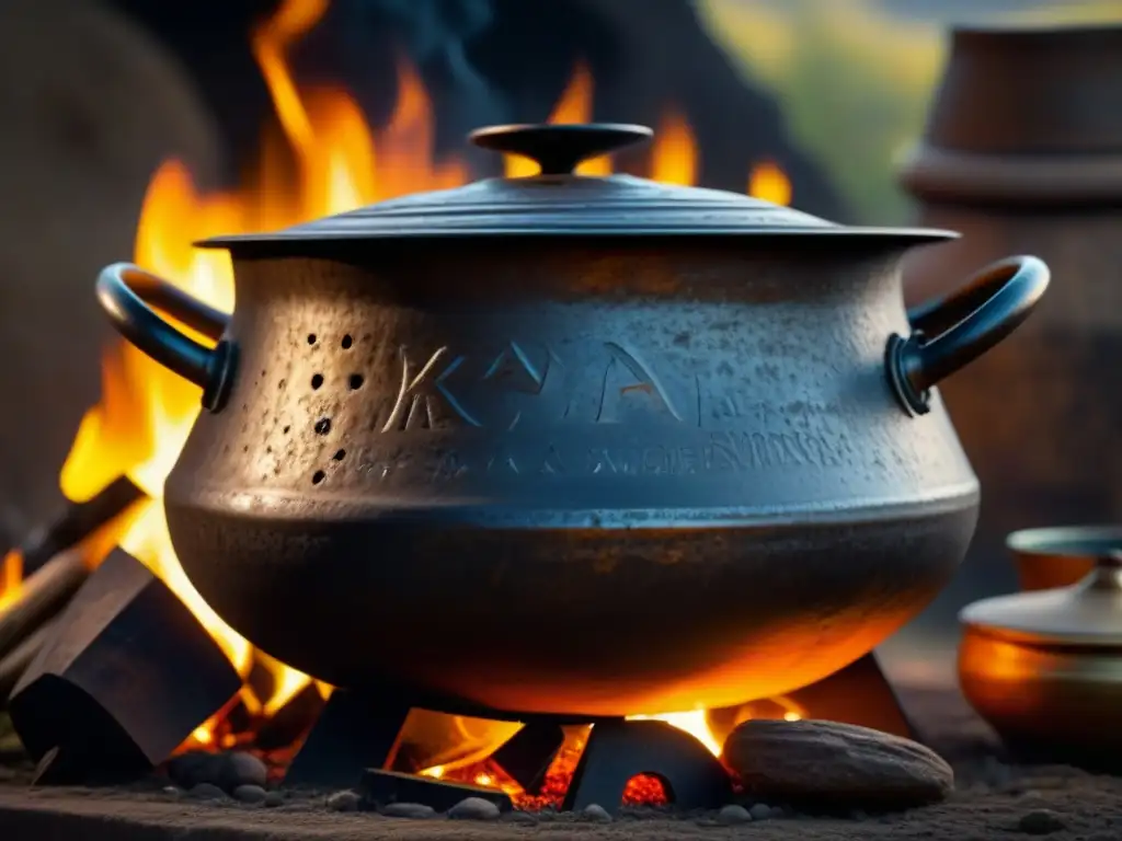 Una olla de hierro de batalla antigua, rodeada de artefactos bélicos, iluminada por una fogata