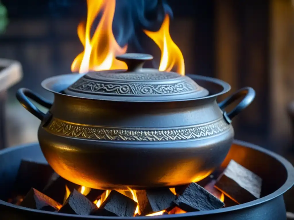 Una olla de hierro centenaria en el fuego, rodeada de rostros cautivados por un chef preparando una deliciosa receta histórica