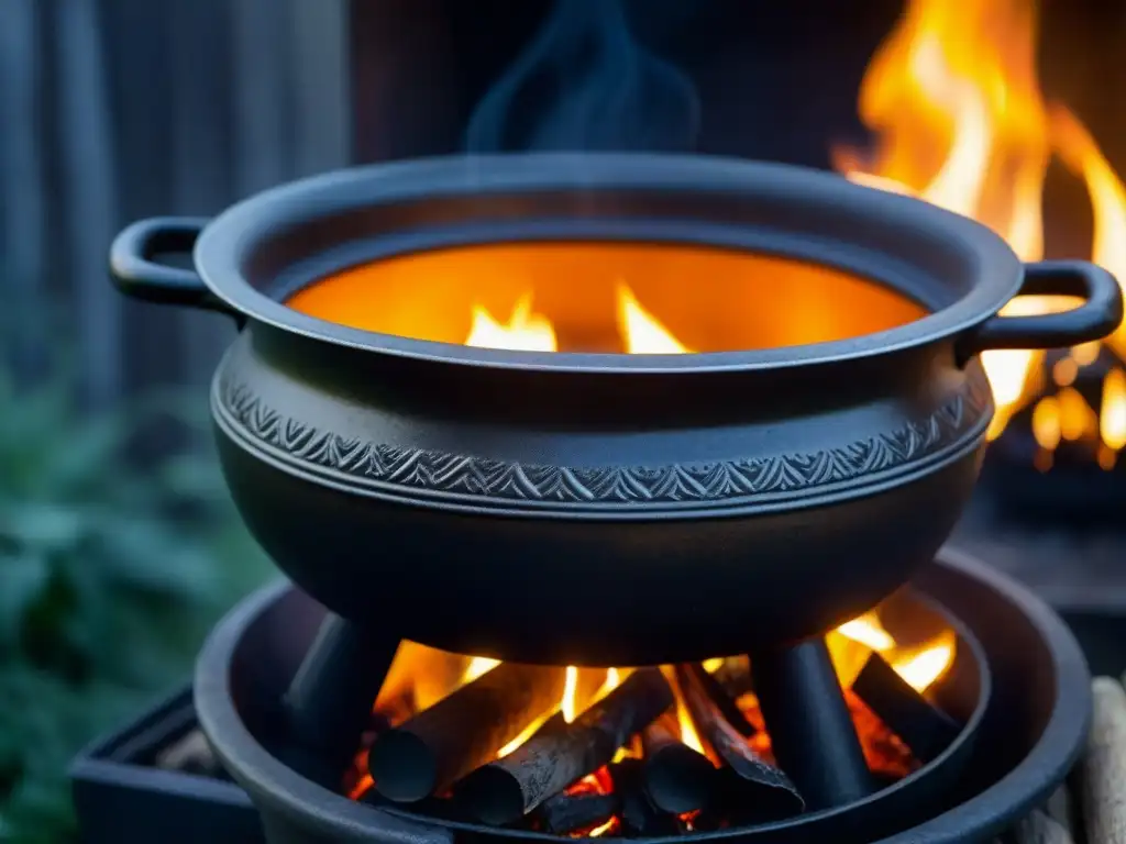 Una olla de hierro en cocinas tradicionales, con pátina de años y cuidados, cocinando a fuego abierto en un entorno rústico