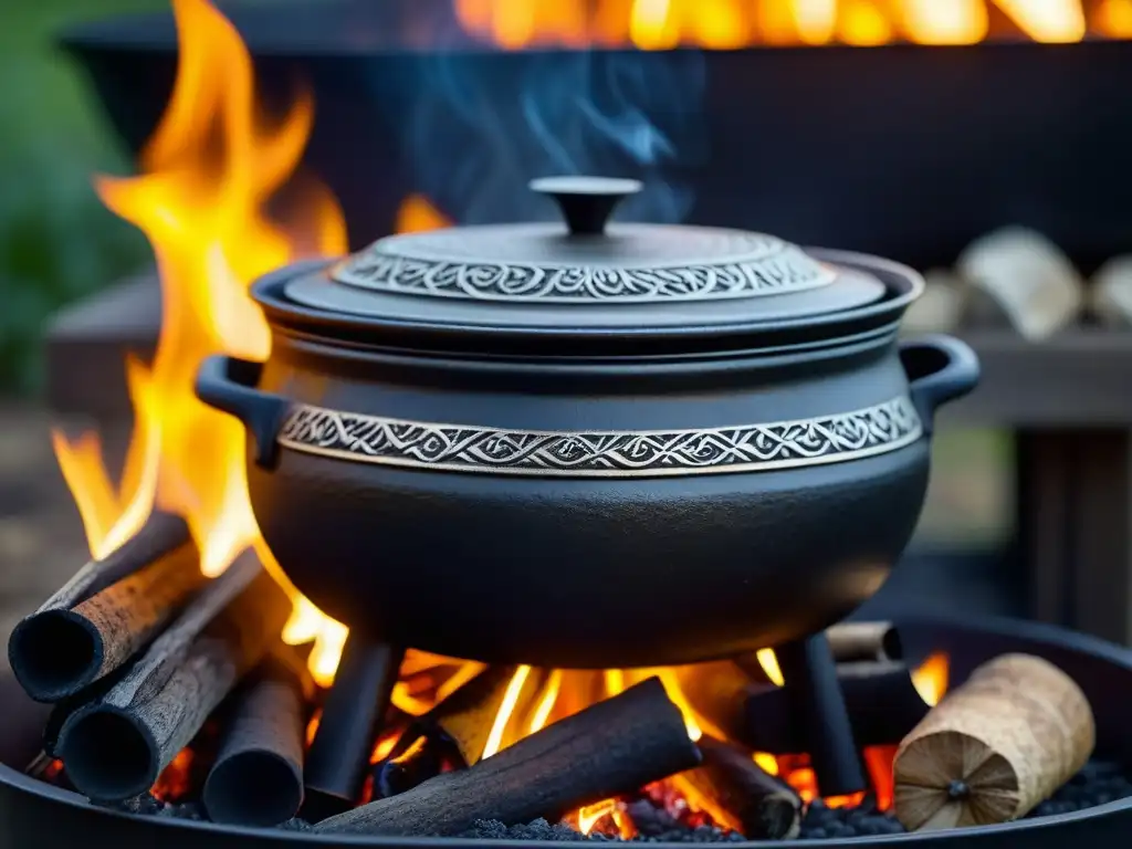 Una olla de hierro en cocinas tradicionales, con pátina de años de uso, sobre fuego crepitante