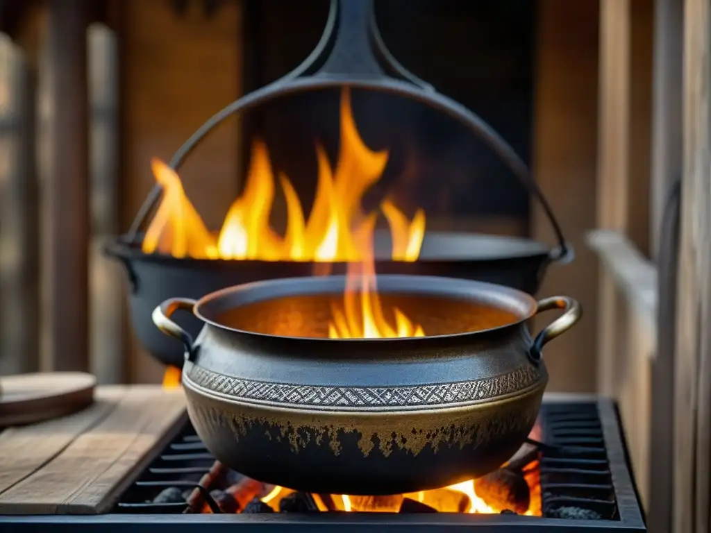 Una olla de hierro en cocinas tradicionales, brillando sobre llamas en una escena rústica y cálida