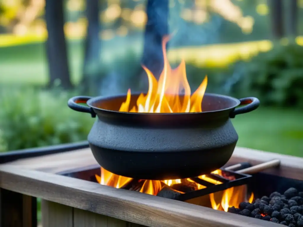 Una olla de hierro en cocinas tradicionales, burbujeante sobre llamas, con aromas de un guiso casero, en un entorno campestre acogedor