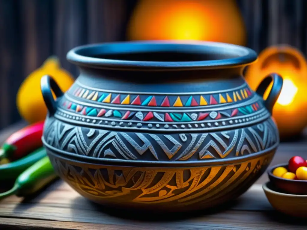 Una olla de hierro precolombina con detalles intrincados, rodeada de ingredientes indígenas en una escena culturalmente rica