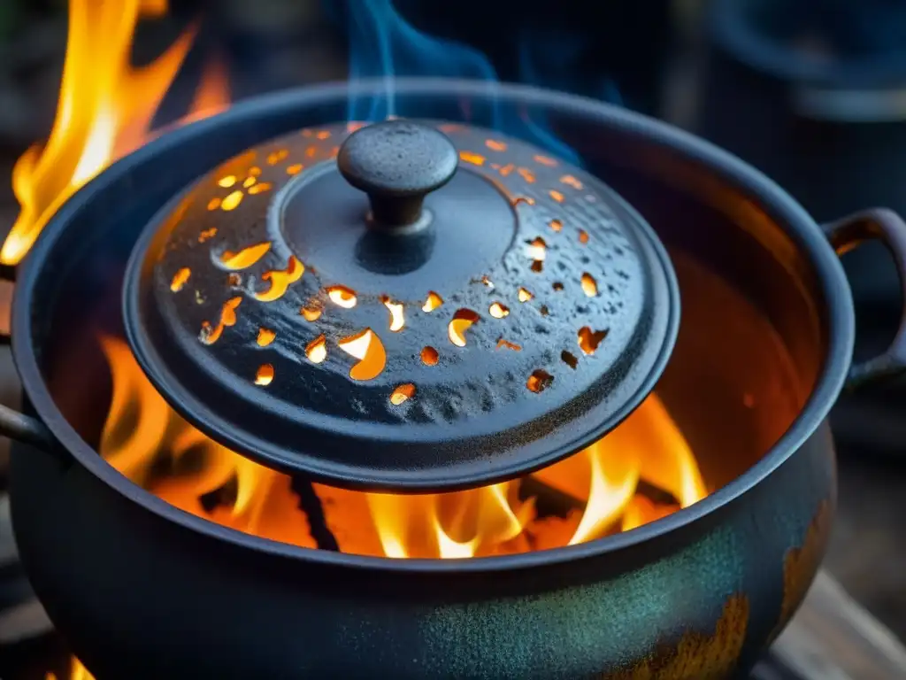 Una olla de hierro en el fuego, mostrando su patina y la importancia cultural de cocinar en ella