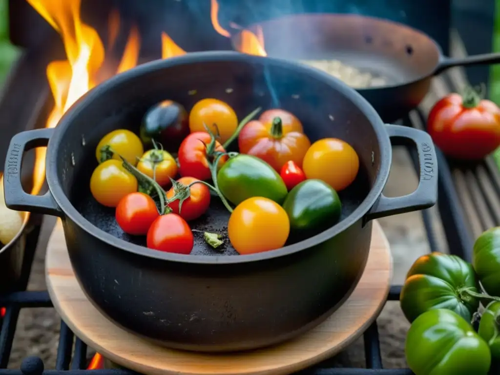 Una olla de hierro fundido antigua en el fuego con ingredientes tradicionales, evocando la cocina criolla del siglo XIX