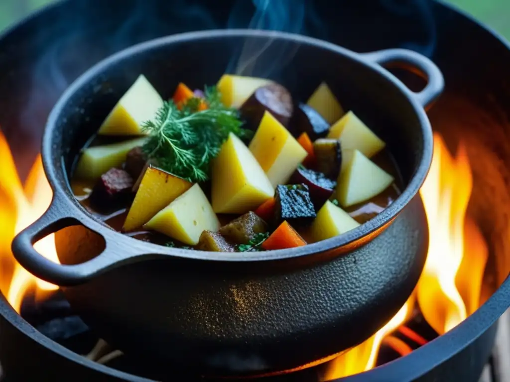 Una olla de hierro fundido antigua en la Revolución Industrial llena de estofado europeo, evocando recetas históricas y tradición