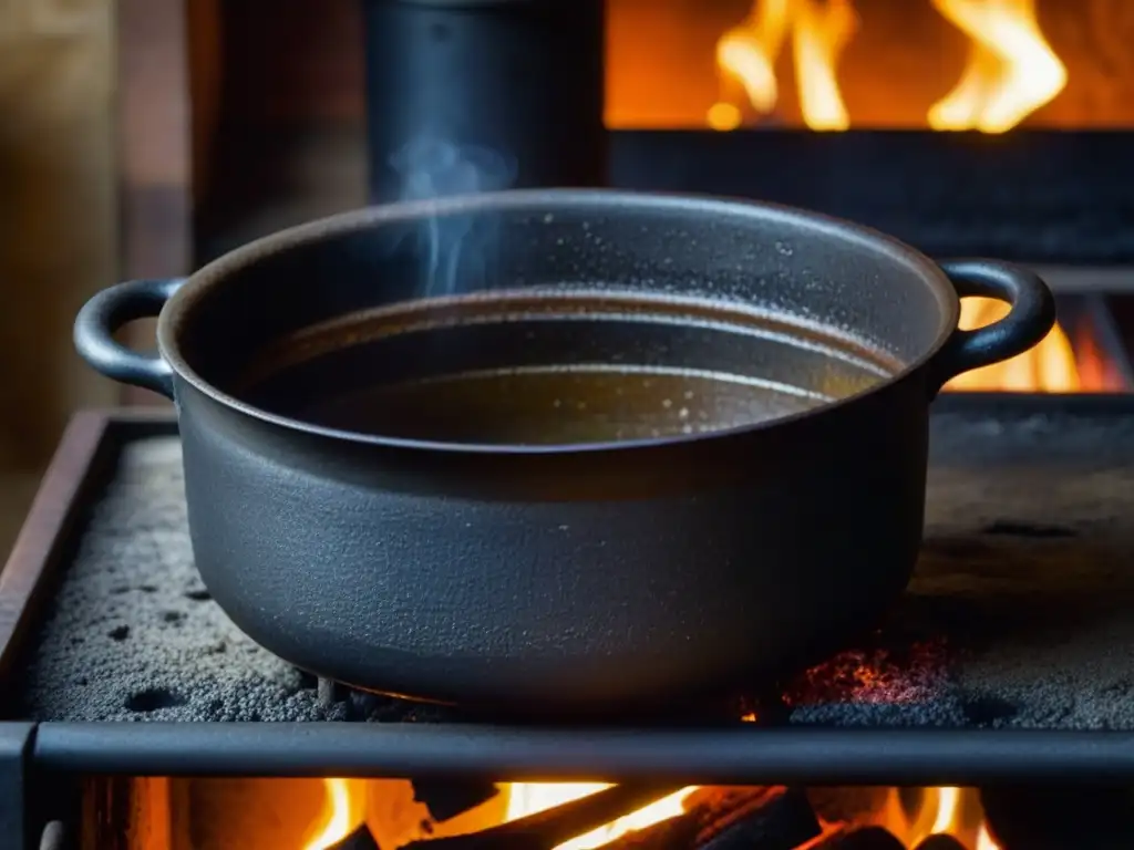 Una olla de hierro fundido en una cocina europea tradicional, influenciada por la industria, cocinando un guiso casero