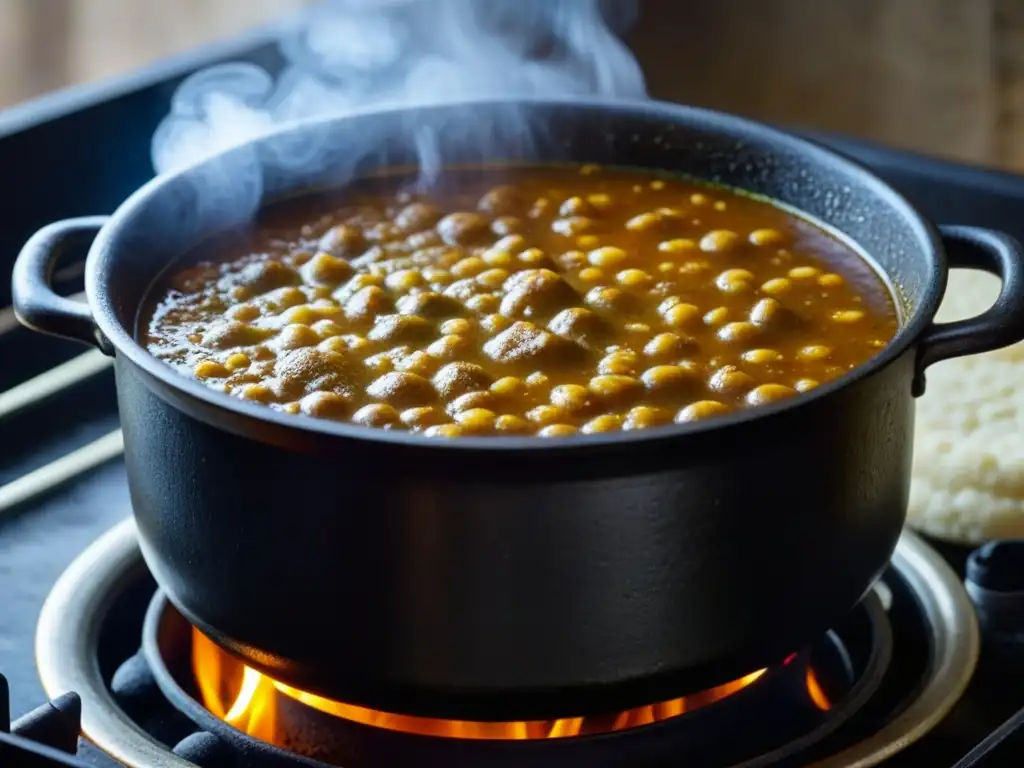 Una olla de hierro fundido en la estufa con un guiso burbujeante