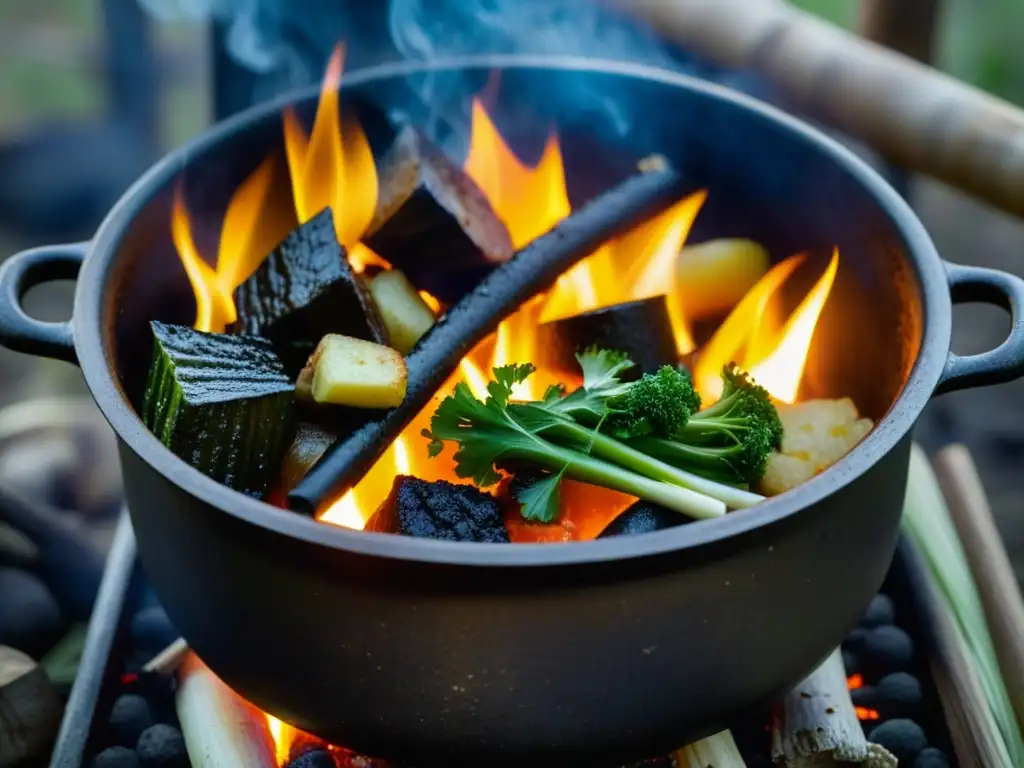 Una olla de hierro fundido sobre el fuego de campamento, con un guiso burbujeante de vegetales y carne