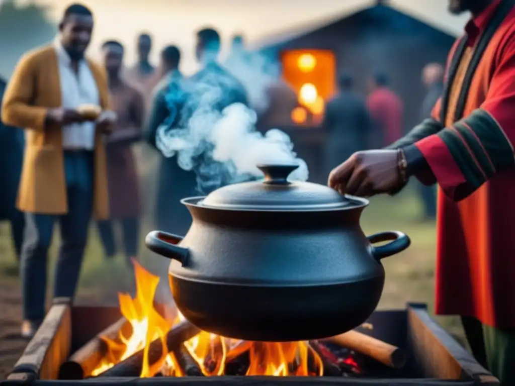 Una olla de hierro fundido en el fuego, rodeada de personas en atuendos sudafricanos