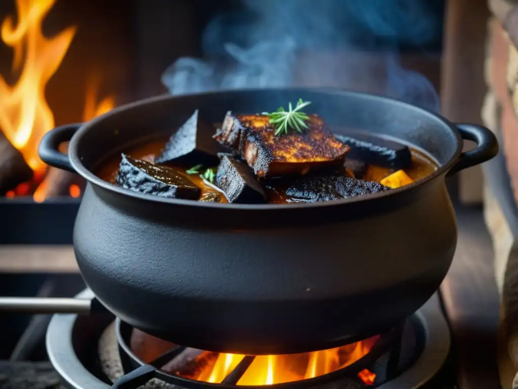 Una olla de hierro fundido llena de rico estofado burbujeante sobre fuego crepitante