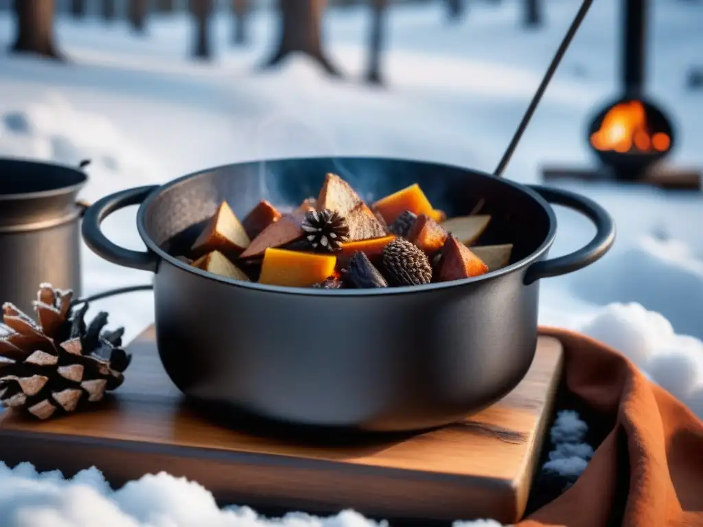 Una olla de hierro fundido en la nieve, cocinando una receta histórica en un paisaje escandinavo, rodeada de utensilios antiguos