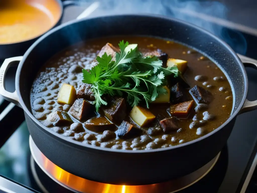 Una olla de hierro fundido con una receta histórica burbujeante en una cocina moderna