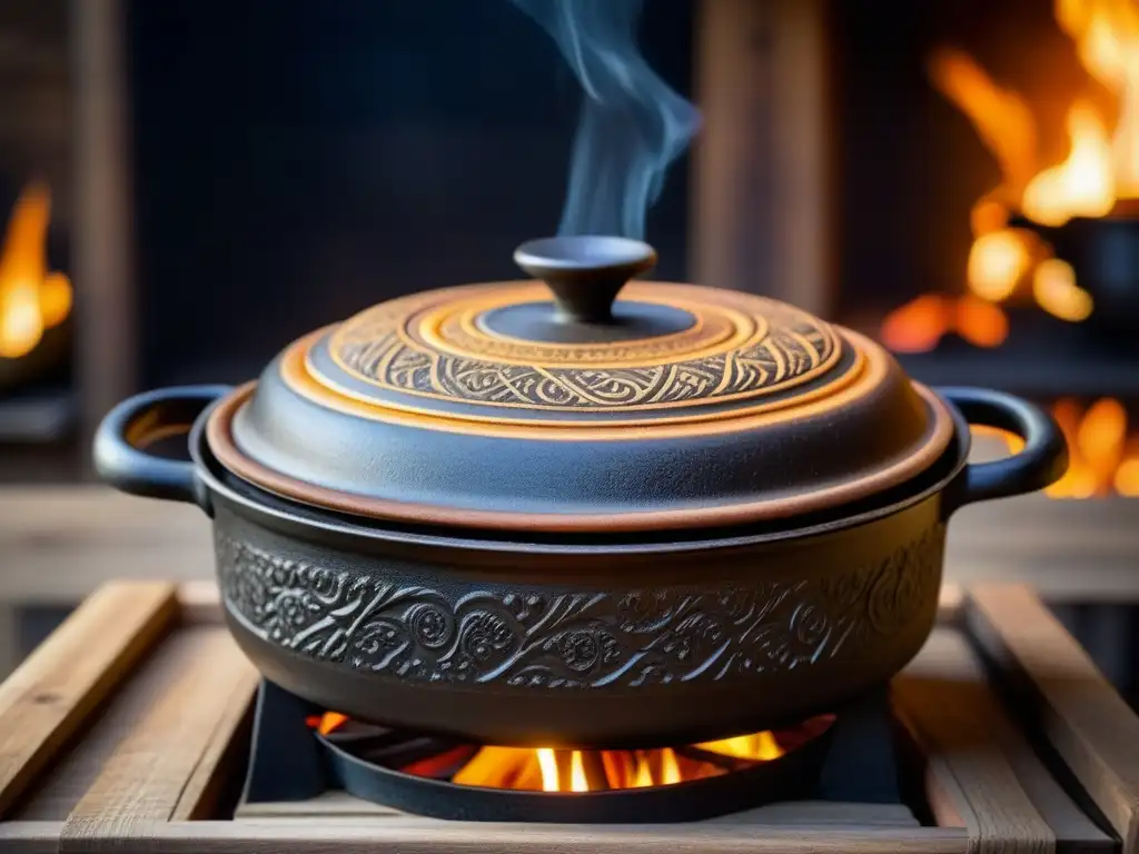 Una olla de hierro fundido bien sazonada en una estufa de madera, iluminada por las llamas