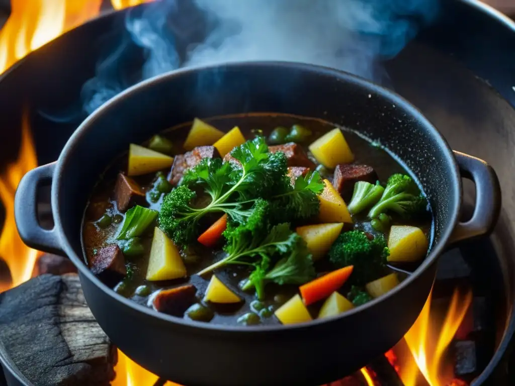 Una olla de hierro fundido rustica y bien sazonada sobre fuego crepitante, cocinando un guiso vibrante