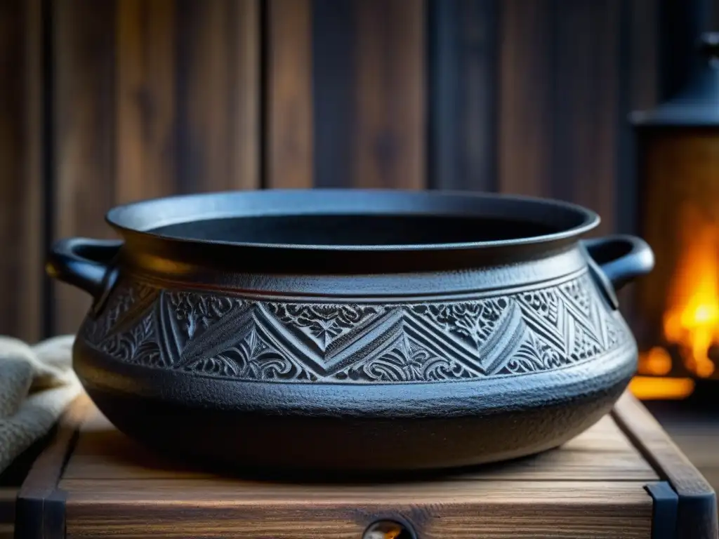 Una olla de hierro con historia y cultura, desgastada por el tiempo, en una mesa rústica iluminada con suaves tonos cálidos