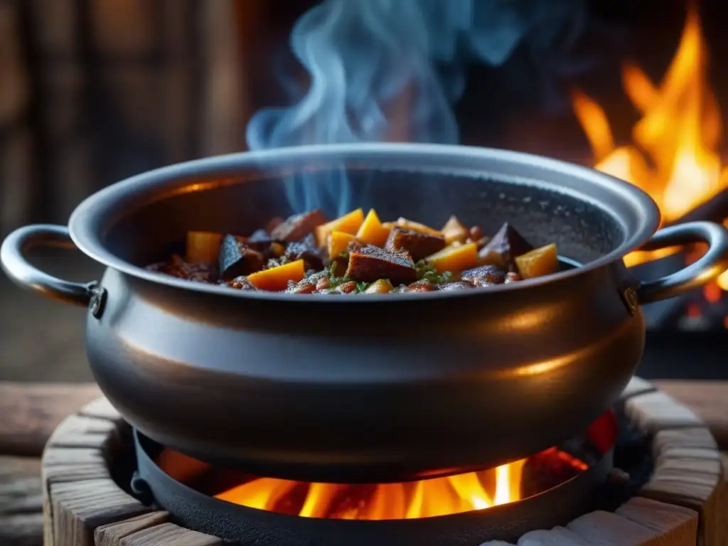 Una olla de hierro histórica preservando sabores en una fogata, destacando recetas históricas con olla de hierro