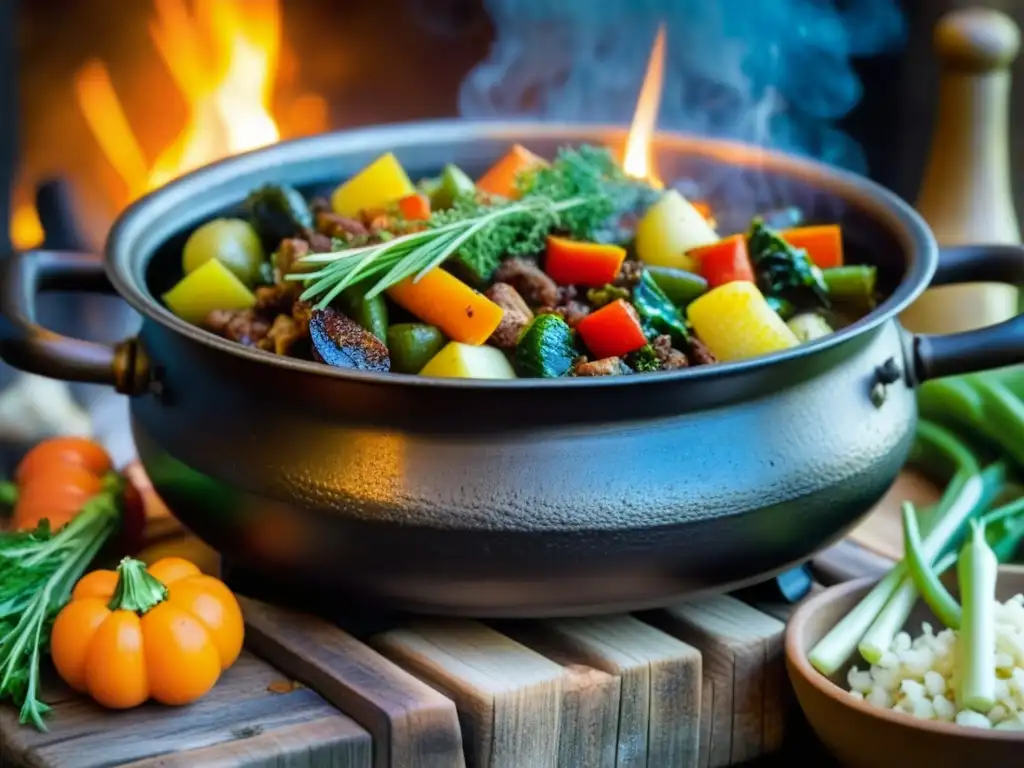 Una olla de hierro llena de estofado burbujeante sobre fuego, rodeada de verduras y especias, evocando recetas históricas de olla de hierro